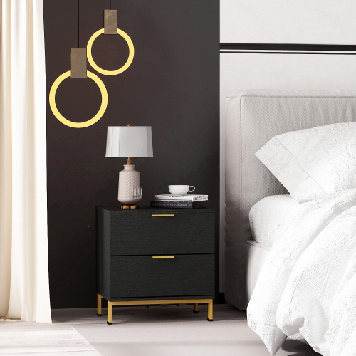 Homsee Black Nightstand with 2 Drawers and Gold Metal Legs, Sleek and Functional Bedside Table,Black