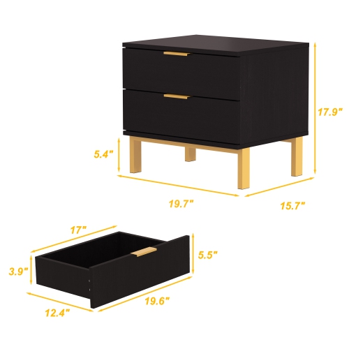 Homsee Black Nightstand with 2 Drawers and Gold Metal Legs, Sleek and Functional Bedside Table,Black