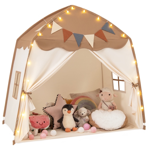 Gymax Kids Play Tent w/Flags and Globe String Lights for 3-12 Years Old Indoor Outdoor