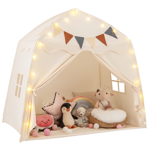 Gymax Kids Play Tent w/Flags and Globe String Lights for 3-12 Years Old Indoor Outdoor