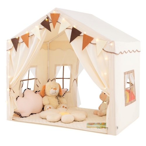 Gymax 3-4 Kids Large Play Tent House w/ 2 Opening Doors Star Lights & Plaid Pennants