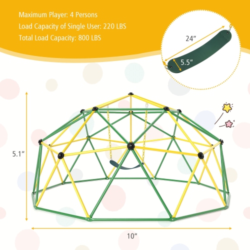 Gymax Climbing Dome w/ Swing 10FT Kids Jungle Gym Monkey Bar Climbing Toys for Outdoor