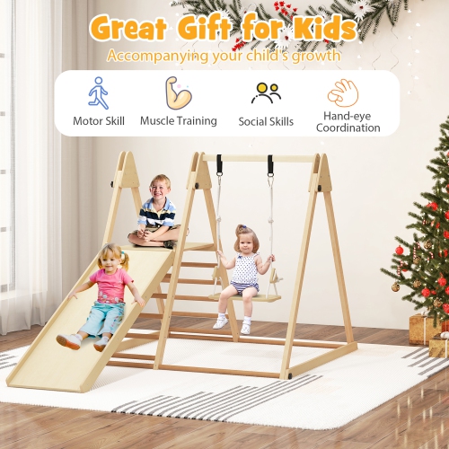 Gymax 5-in-1 Kids Indoor Playground w/ Slide Climbing Rock Adjustable Swing Wooden