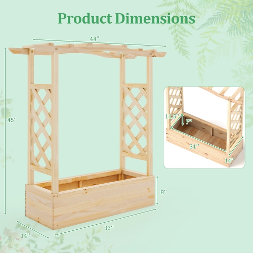 Gymax Wooden Raised Garden Bed w/ Trellis & Hanging Roof Planter Box Drainage System