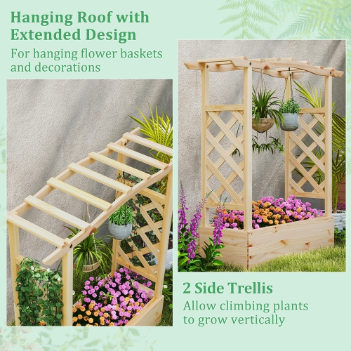 Gymax Wooden Raised Garden Bed w/ Trellis & Hanging Roof Planter Box Drainage System