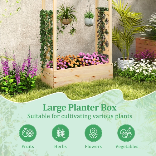 Gymax Wooden Raised Garden Bed w/ Trellis & Hanging Roof Planter Box Drainage System