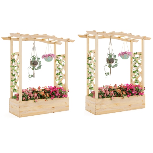 Gymax 2PCS Wooden Raised Garden Bed w/ Trellis & Hanging Roof Planter Box for Garden
