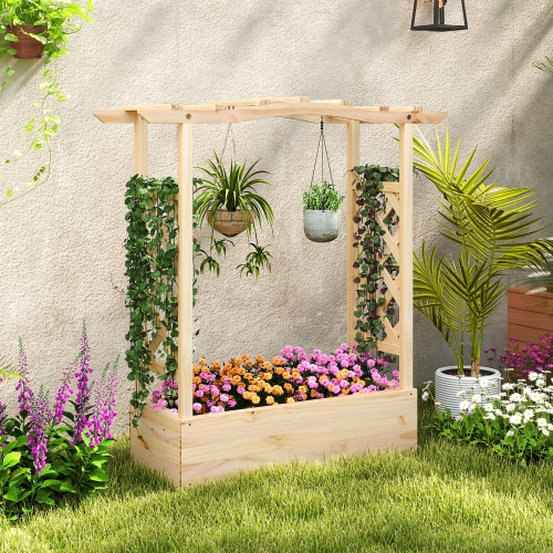 Gymax 2PCS Wooden Raised Garden Bed w/ Trellis & Hanging Roof Planter Box for Garden