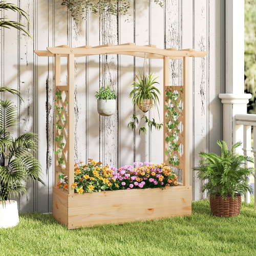 Gymax 2PCS Wooden Raised Garden Bed w/ Trellis & Hanging Roof Planter Box for Garden
