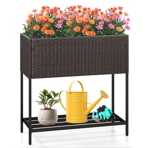Gymax Elevated Planter Box Raised Garden Bed w/ Rattan Surface Bottom Storage Shelf