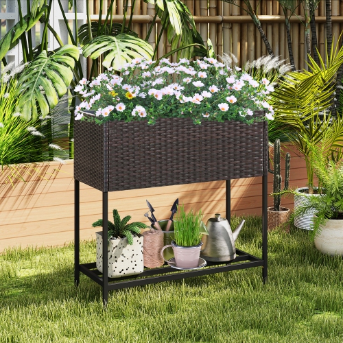 Gymax Elevated Planter Box Raised Garden Bed w/ Rattan Surface Bottom Storage Shelf