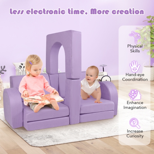 Gymax 8 PCS Modular Kids Play Couch Sofa w/ Suede Fabric Cover High-Density Foam Purple