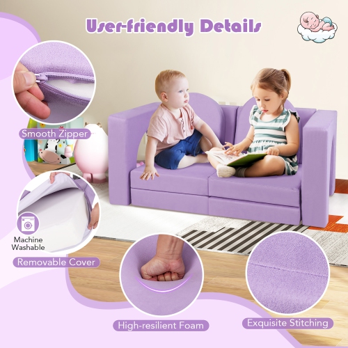 Gymax 8 PCS Modular Kids Play Couch Sofa w/ Suede Fabric Cover High-Density Foam Purple