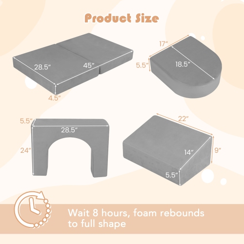 Gymax 8 PCS Modular Kids Play Couch Sofa w/ Suede Fabric Cover High-Density Foam Grey