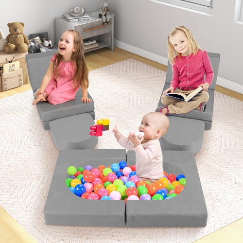 Gymax 8 PCS Modular Kids Play Couch Sofa w/ Suede Fabric Cover High-Density Foam Grey