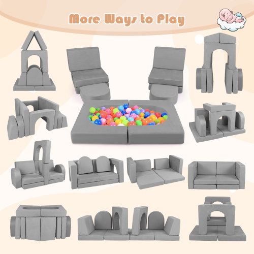 Gymax 8 PCS Modular Kids Play Couch Sofa w/ Suede Fabric Cover High-Density Foam Grey