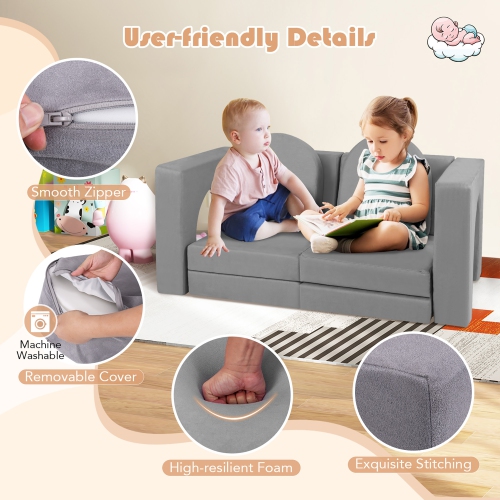 Gymax 8 PCS Modular Kids Play Couch Sofa w/ Suede Fabric Cover High-Density Foam Grey