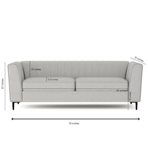 Aykah Enigma 3 Seater Sofa, Modern Upholstered Comfortable Sofa 76 Inch with Channel Tufting, Armrest, Metal Legs, Perfect for Living Room Furniture