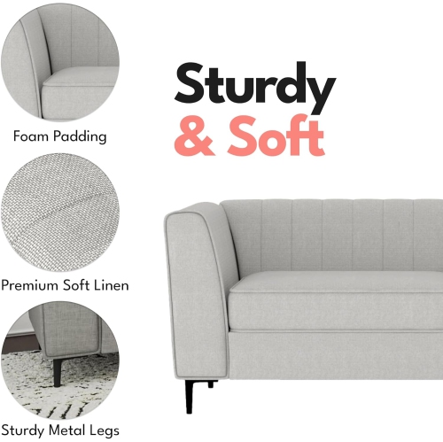 Aykah Enigma 3 Seater Sofa, Modern Upholstered Comfortable Sofa 76 Inch with Channel Tufting, Armrest, Metal Legs, Perfect for Living Room Furniture