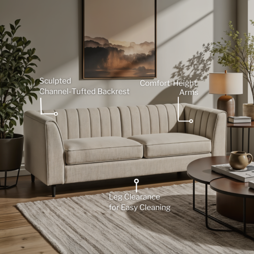 Aykah Enigma, causeuse moderne rembourrée et confortable avec capitonnage à sillons, accoudoirs, pattes en métal, parfaite pour le mobilier de salon