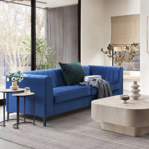 Aykah Velvet Enigma 3 Seater Sofa, Modern Upholstered Comfortable Sofa 76" with Channel Tufting, Armrest, Metal Legs, Perfect for Living Room