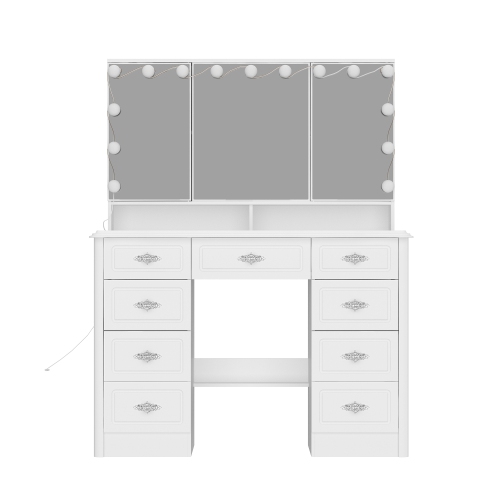 HOMSEE  Vanity Table With Led Mirror, 9 Drawers & Storage Shelves, Three-Color Illuminated Makeup Desk for Bedroom (43.3" W X 18.1" D X 54.1" H), White