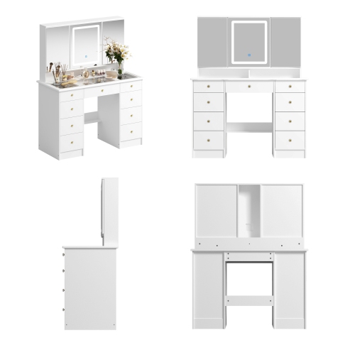 Meuble-lavabo Homsee avec grand miroir LED trois couleurs, 9 tiroirs et tablettes de rangement pour chambre à coucher, blanc