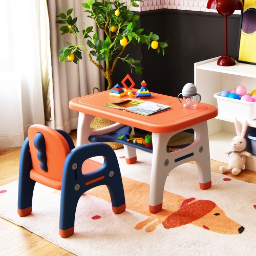 Gymax Babyjoy Kids Study Desk Dinosaur Table & Chair Set w/ Building Blocks Activity Orange