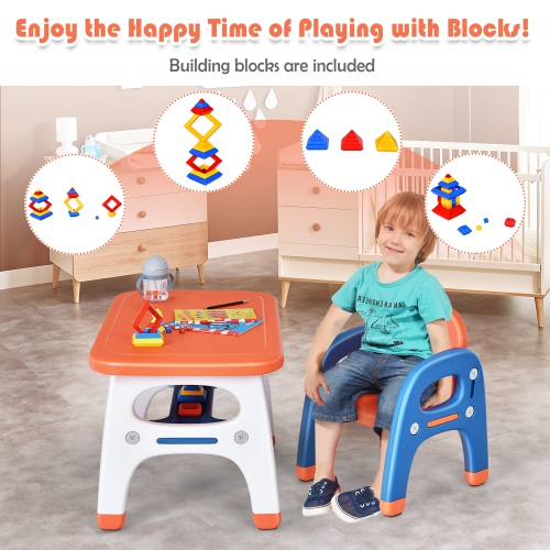 Gymax Babyjoy Kids Study Desk Dinosaur Table & Chair Set w/ Building Blocks Activity Orange