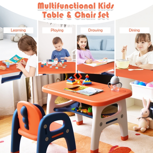 Gymax Babyjoy Kids Study Desk Dinosaur Table & Chair Set w/ Building Blocks Activity Orange