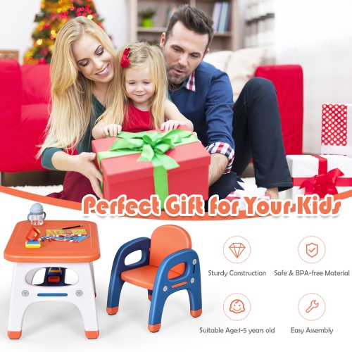 Gymax Babyjoy Kids Study Desk Dinosaur Table & Chair Set w/ Building Blocks Activity Orange