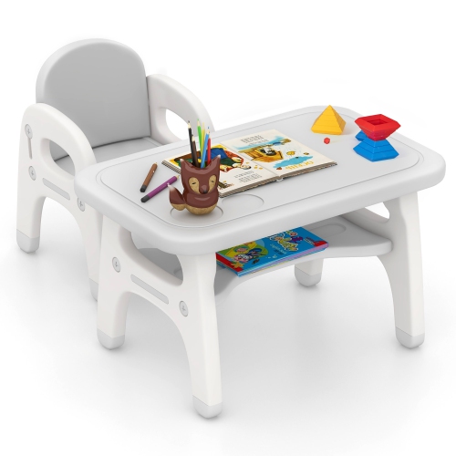 Gymax Kids Table and Chair Set w/Cute Dinosaur Modeling Storage Rack & Building Blocks