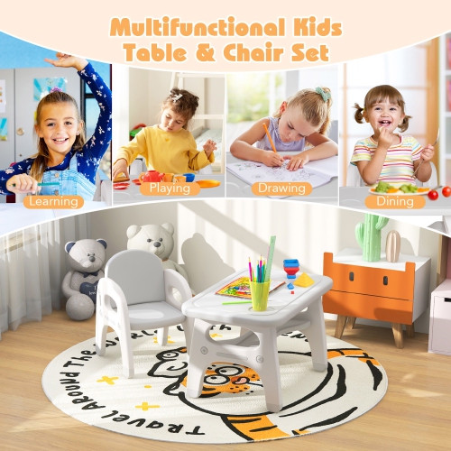 Gymax Kids Table and Chair Set w/Cute Dinosaur Modeling Storage Rack & Building Blocks