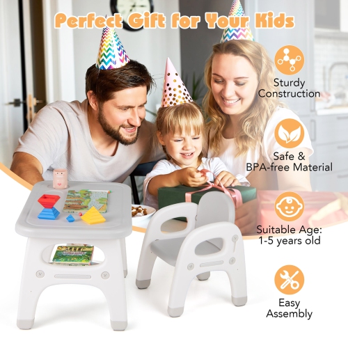 Gymax Kids Table and Chair Set w/Cute Dinosaur Modeling Storage Rack & Building Blocks