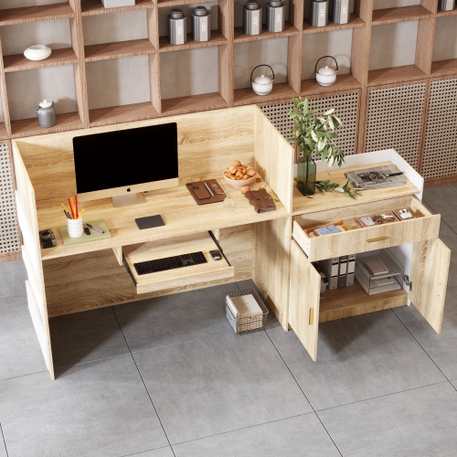 Homsee L-Shaped Computer Desk with Storage, Keyboard Tray, and Cabinet, Modern Office Desk,White & Oak