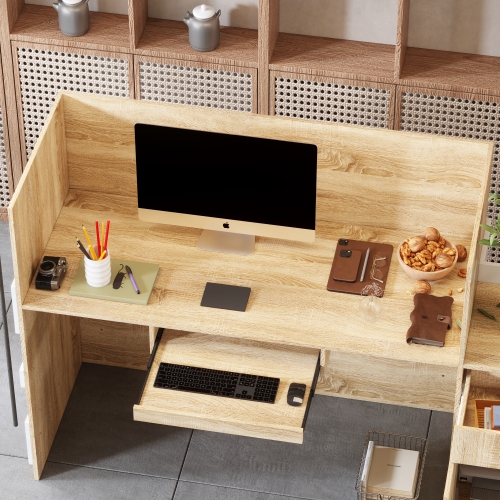 Homsee L-Shaped Computer Desk with Storage, Keyboard Tray, and Cabinet, Modern Office Desk,White & Oak