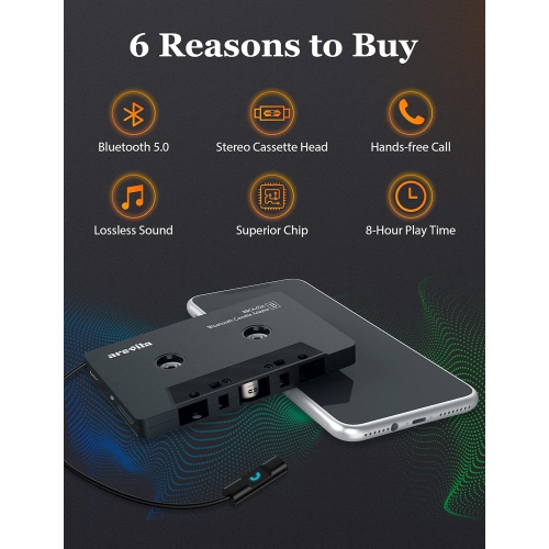 Arsvita - Bluetooth 5.0 Cassette to Aux Adapter for Car, Tape Audio Adapter, Hands-Free Call