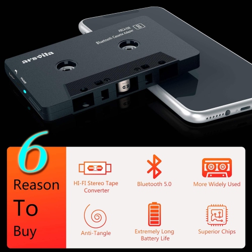 Arsvita - Récepteur audio pour l'auto Bluetooth sans fil cassette, lecteur de cassettes Bluetooth 5,0 adaptateur auxiliaire