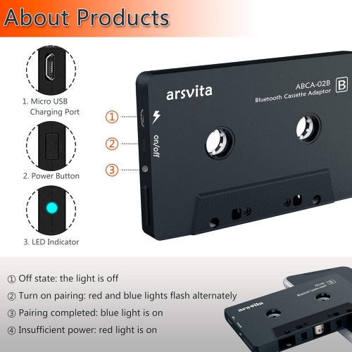Arsvita - Récepteur audio pour l'auto Bluetooth sans fil cassette, lecteur de cassettes Bluetooth 5,0 adaptateur auxiliaire