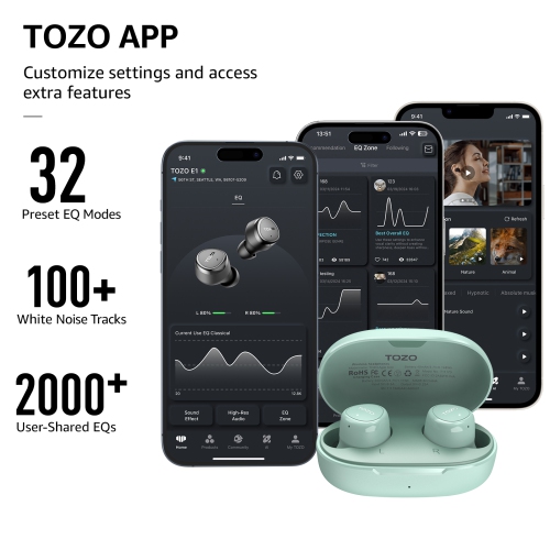 TOZO E1 In-ear True Wireless Earbuds Bluetooth Stereo Sound ENC Calls Clearly IPX6 Water Resistance-Green