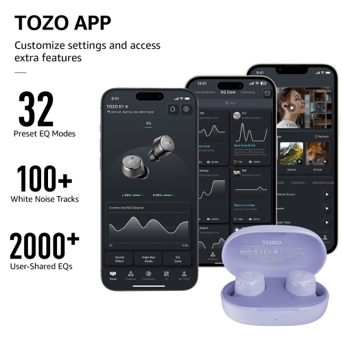TOZO E1 In-ear True Wireless Earbuds Bluetooth Stereo Sound ENC Calls Clearly IPX6 Water Resistance-Lilac