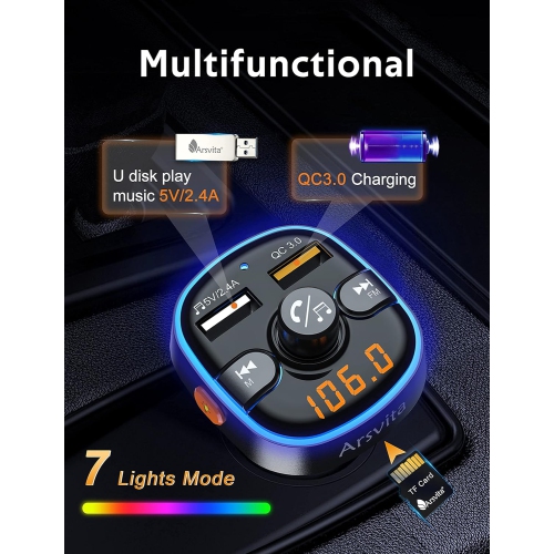 Arsvita - Bluetooth FM Transmitter for Car, Radio Receiver/Audio Adapter with Dual Car Charger, Support QC3.0 Quick Charging, Hands-Free Calling and