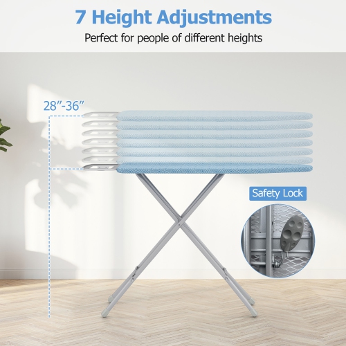 Gymax 57'' x 15'' Foldable Ironing Board w/ 7-Level Height Heat-resistant Ironing Cover blue