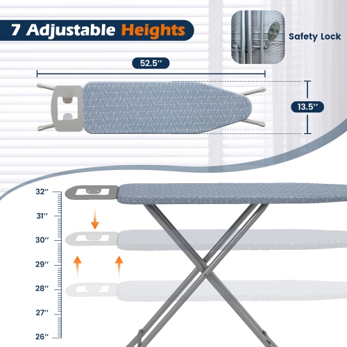 Gymax 48'' x 13.5'' Carbon Steel Ironing Table w/ 7-Level Height & Heat Resistant Cover