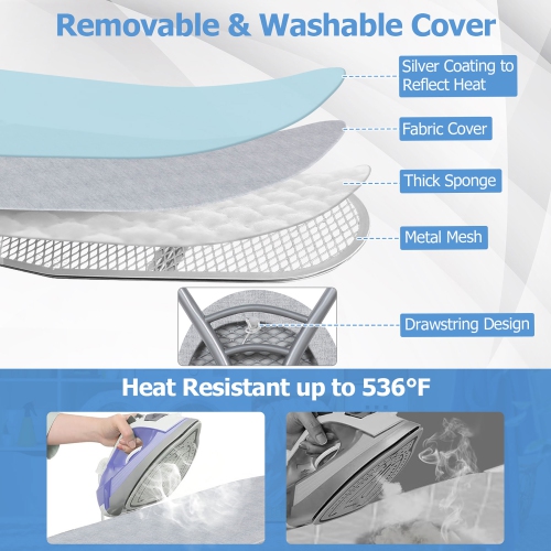 Gymax 57'' x 15'' Foldable Ironing Board w/ 7-Level Height Heat-resistant Ironing Cover gray