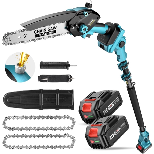 Seesii PS810 2-in-1 Cordless Pole Saw & Mini Chainsaw 8-inch Electric Saw Brushless with 2*4.0Ah Battery, 16-Foot MAX Chain Saw with Extension Pole f