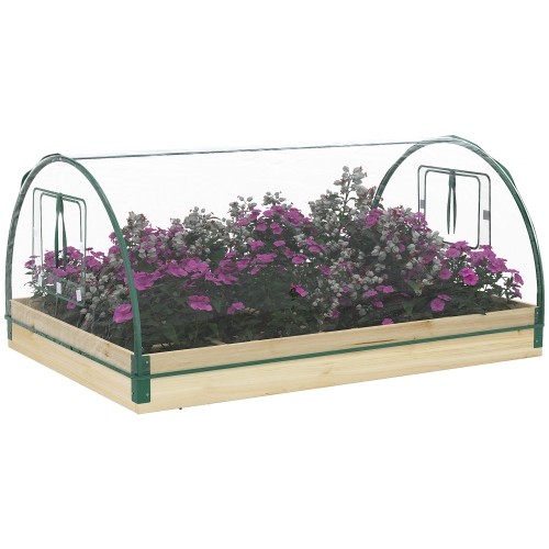 OUTSUNNY  12 Pockets 4' X 3' X 2' Raised Garden Bed \w Greenhouse And Roll Up Windows, Wooden Planter Box Kit \w Cover, Dual Use for Vegetables