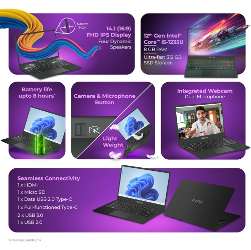 AVITA Liber E 12th Gen Intel core i5 1235U 8GB RAM 512GB SSD 14.1inch FHD IPS Display Windows 11 Home 1.53 Kg Thin & Light (Charcoal)