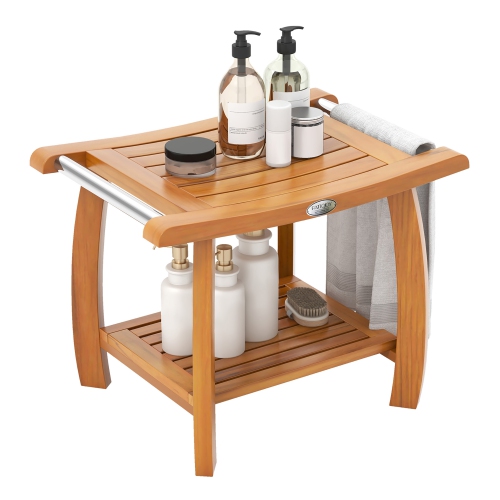 Gymax Teak Wood Shower Bench 2-Tier Wooden Shower Stool w/ Curved Seat Handles Small