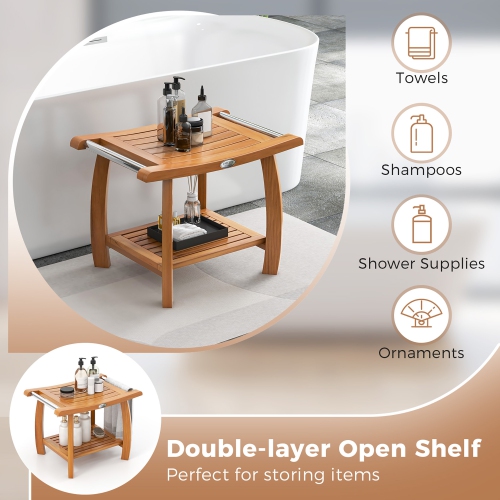 Gymax Teak Wood Shower Bench 2-Tier Wooden Shower Stool w/ Curved Seat Handles Small